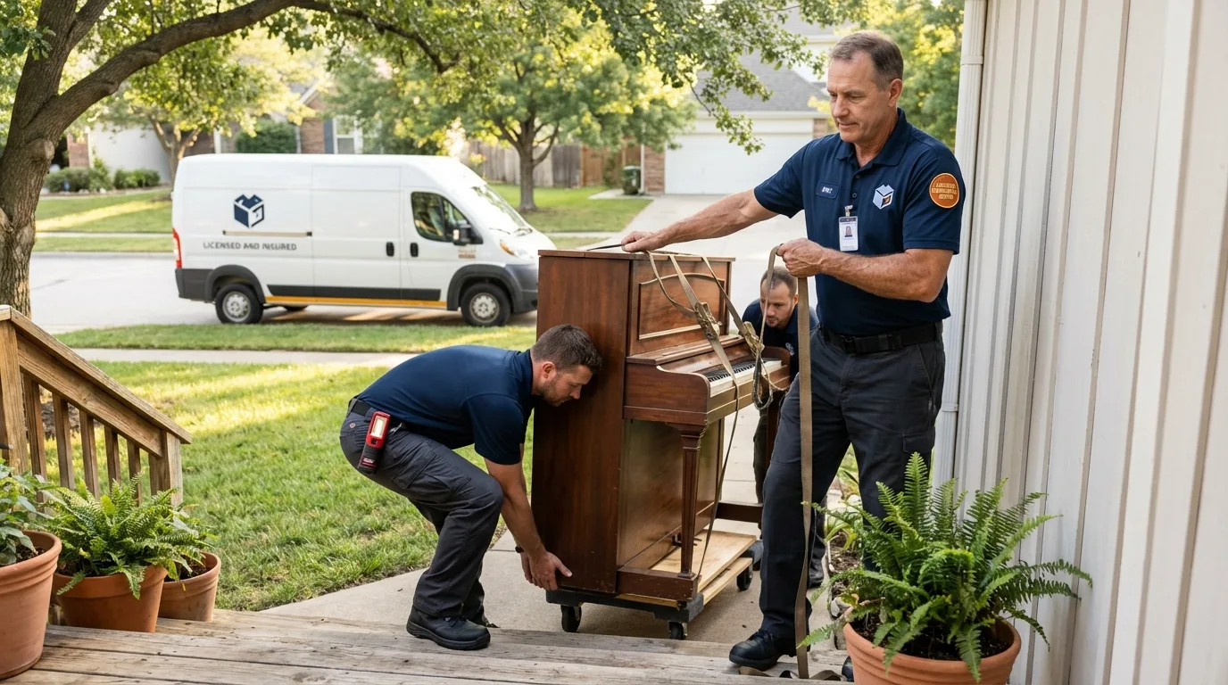 Licensed piano movers securing grand piano in Harlan, IA