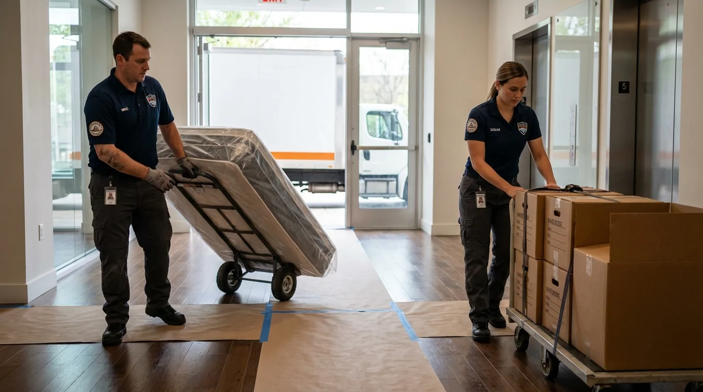 Professional apartment movers loading elevator in Harlan, IA