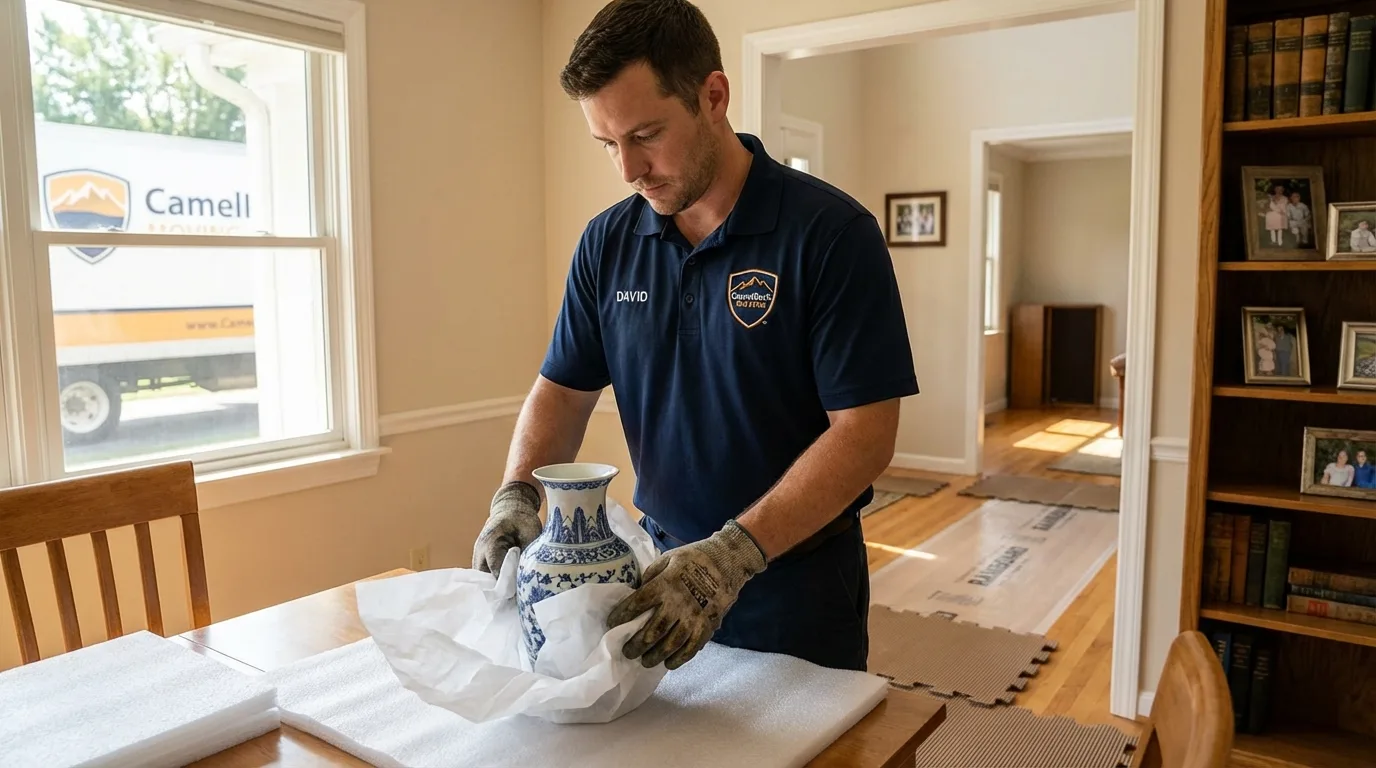 Professional crew carefully wrapping antique vase for senior downsizing move in Harlan, IA