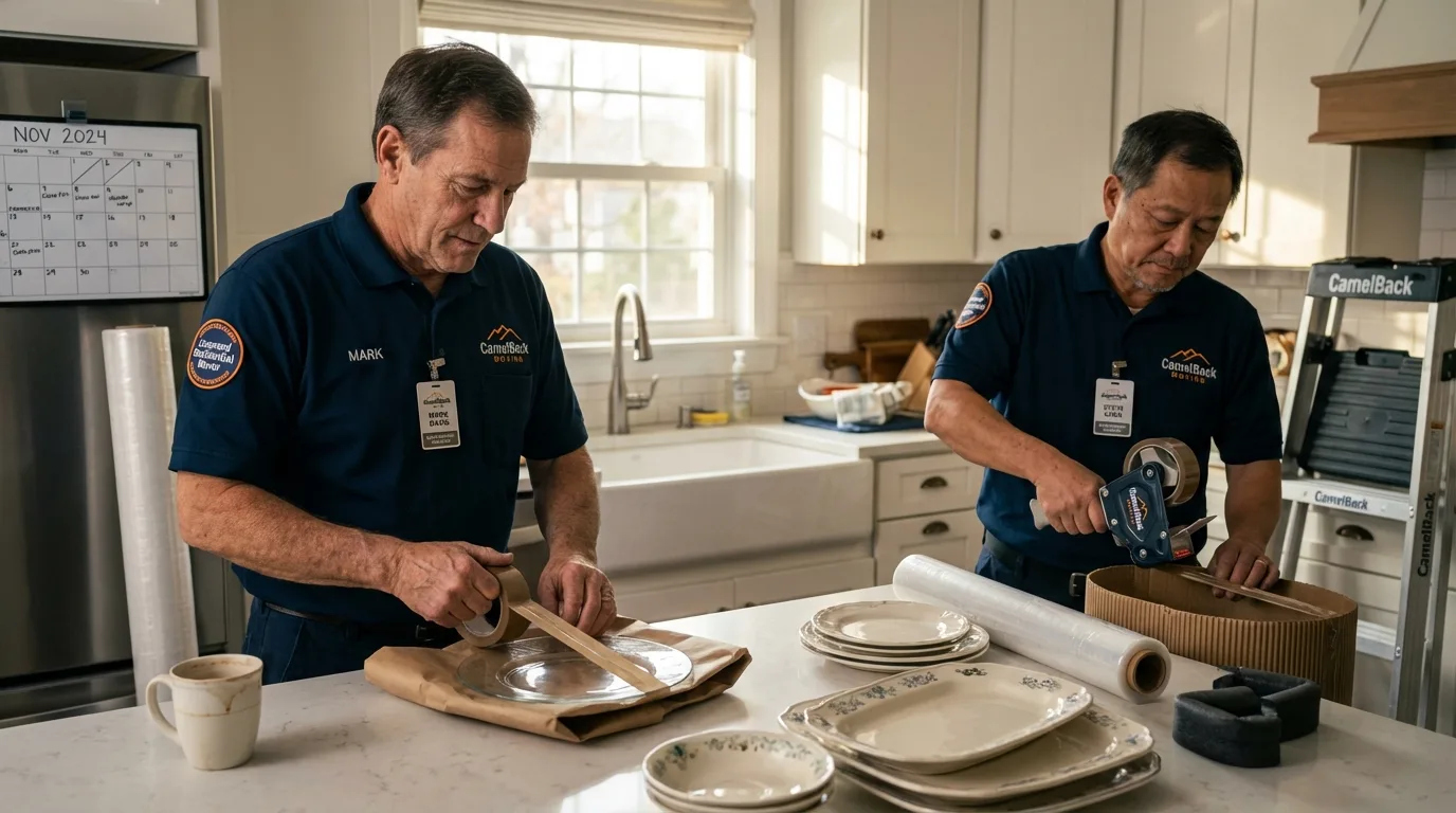 Professional crew packing kitchen dishware in Harlan, IA
